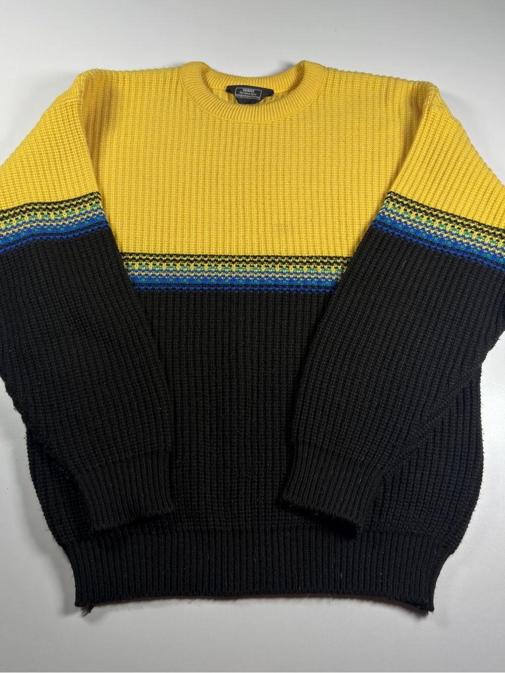Vintage Sears Yellow and Black Knit Crewneck Sweater with Blue & Green Stripe